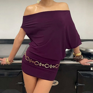 Irregular short sleeve off shoulder solid mini dress