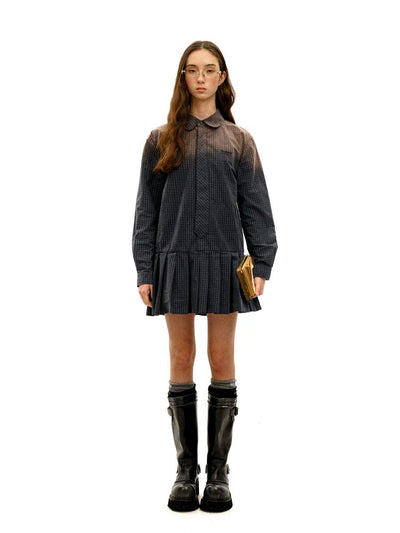 [Moromoro2] Cotton Gradient Tie Collar Pleated  Dress