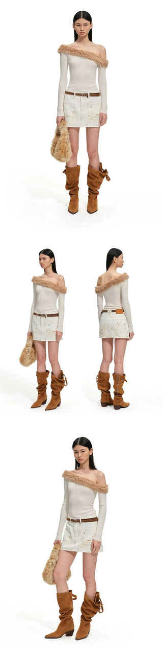 [NOTAWEAR] Fur Trim Off-Shoulder Knit Top