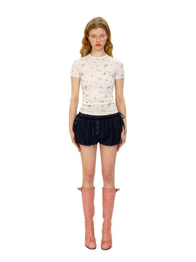 [Moromoro2] Plaid Patchwork Mesh Bud  Shorts
