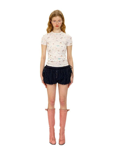 [Moromoro2] Plaid Patchwork Mesh Bud  Shorts
