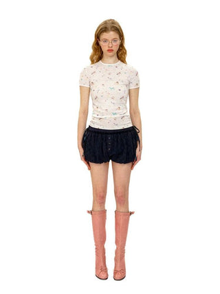 [Moromoro2] Plaid Patchwork Mesh Bud  Shorts