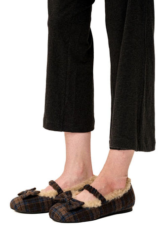 [Moromoro2] Plaid Bow Fur-Lined Ballet  Flats