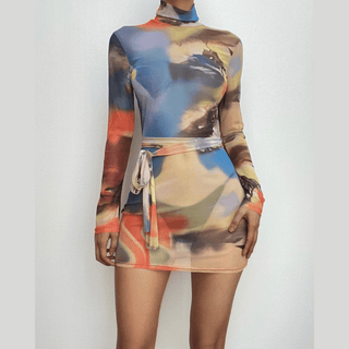 Self tie sheer mesh long sleeve high neck contrast print mini dress