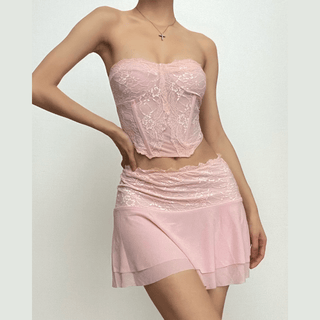 Corset lace patchwork tube ruffle low rise mini skirt set