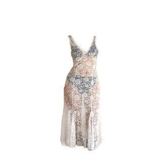 Sleeveless V neck rose pattern lace see through midi dress