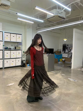 [NeverSeez] Pleated Layered Mesh Cami Dress