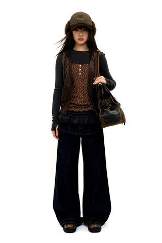 [Moromoro2] Distressed Pleated Skirt Hem Denim  Pants