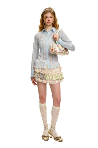 [Moromoro2] Sheer Slim Fit Checkered Long Sleeve  Shirt