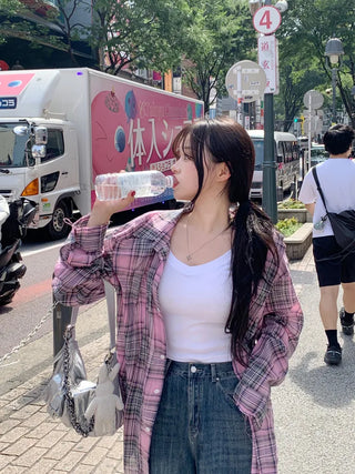 [UNISEX] Distressed Oversized Check Shirt