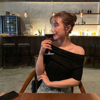 Shirred open shoulder T-shirt