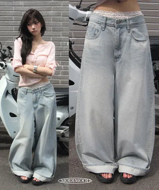 Highly Praised Split Super Wide Light Blue Faded Denim Pants