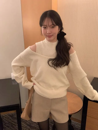 (Set) (4 colors) Off-shoulder layered knit set