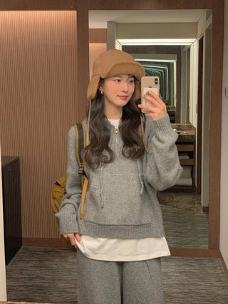 (set) (4 colors) Knit hooded half-zip up set
