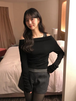 (2 colors) Off-shoulder layered T-shirt