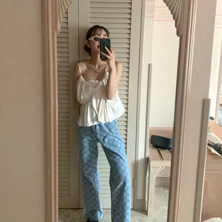 Patterned high-waisted denim pants
