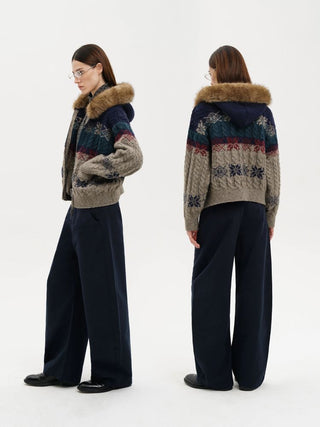 [MASONPRINCE] Fair Isle Fur Hood Wool Blend Cardigan