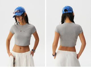 [Monterest] Cutout Embroidery Slim Fit Crop Tee