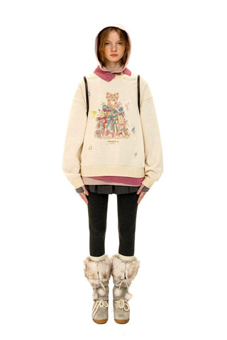 [Moromoro2] Bow Print Layered Hooded  Sweatshirt