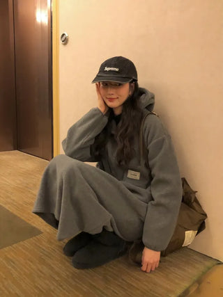 (3 colors) Anorak Hooded Fleece Dress