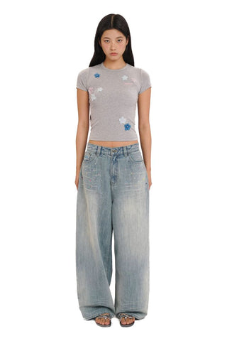 [Moromoro2] Rhinestone Bow Embroidered  Denim