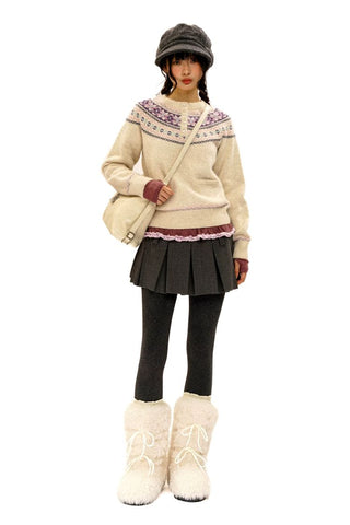 [Moromoro2] Pearl Snowflake Fair Isle Knit  Sweater