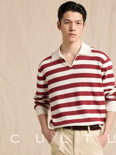 [CULTUM] Cotton Striped Open Collar Knit Sweater