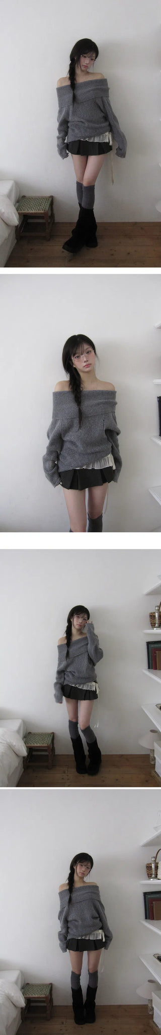 Halls Damage Over Loose Fit Off-Shoulder Knitwear - 4 Colors