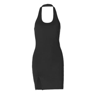 Halter u neck slit solid backless mini dress