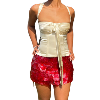 Ruched cross back zip-up bowknot top