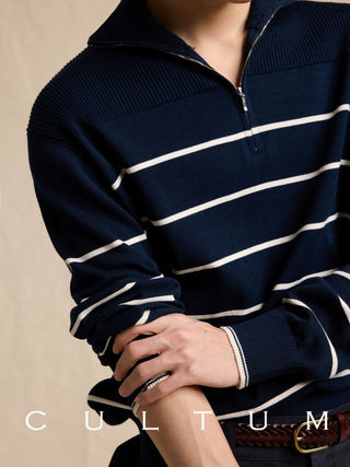 [CULTUM] Half-Zip Striped Cotton Knit Sweater