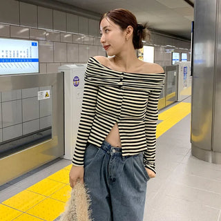 Striped button-down off-shoulder T-shirt