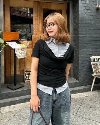 Drape neck layered short-sleeved shirt