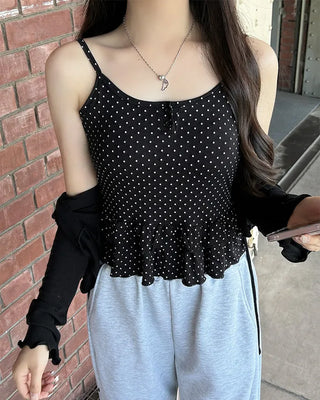 Cup-attached polka dot ruffle lace camisole
