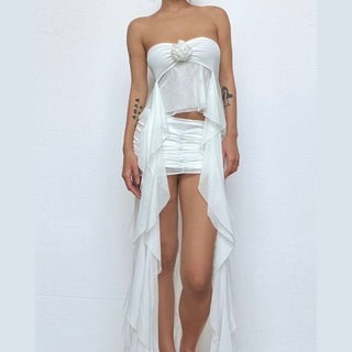 Ruffle flower applique slit solid tube top