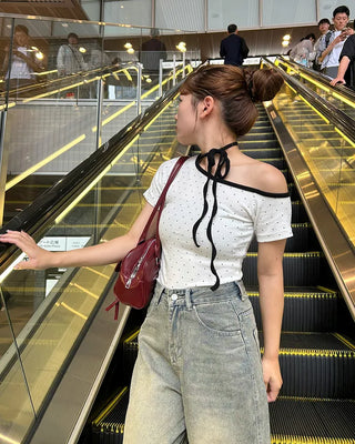 One-off shoulder two-tone half-sleeve T-shirt