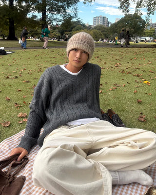 Cable knit oversized V-neck sweater