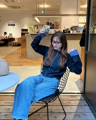 Checked two-tone knit cardigan