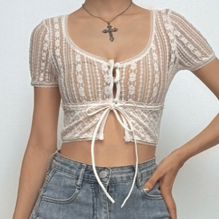 Short sleeve button lace see through crop top