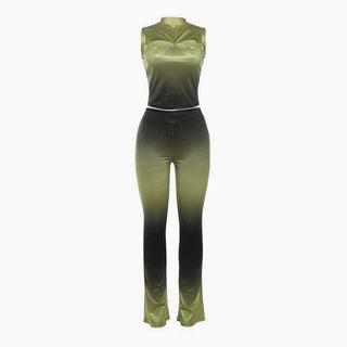 Sleeveless gradient crewneck ruched hollow out pant set