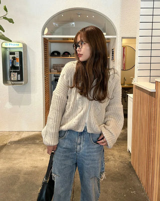 Hooded knit zip-up