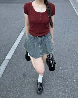 (Belt set) Denim pleated mini skirt
