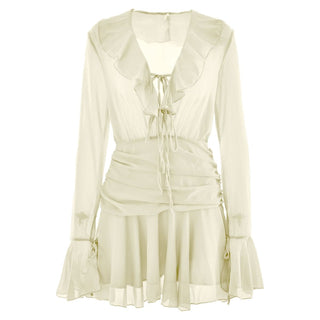 V neck long sleeve chiffon ruched ruffle mini dress