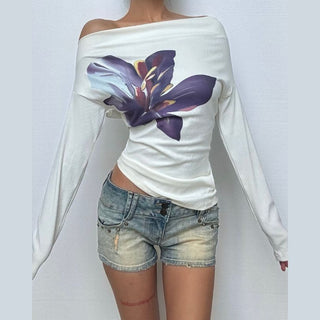 Ribbed long sleeve irregular flower pattern top