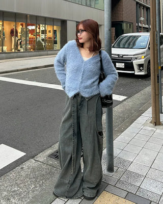 V-neck loose-fit shaggy knit