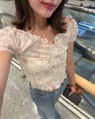 Frill puff sleeve short-sleeved blouse