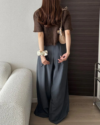 High-waisted, pleated long wide slacks