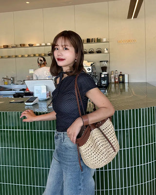 Boat neck polka dot ribbon blouse