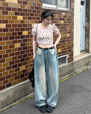 Flower Button Cropped T-Shirt