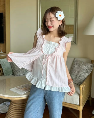 Layered frill ribbon blouse